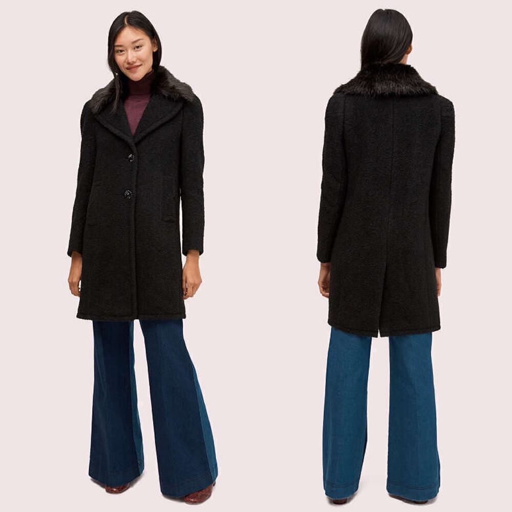 Kate Spade Faux Fur Lapel Coat Wool/Alpaca Blend Black Size US 2